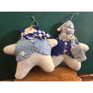 Handmade Christmas Ornaments Snowflake Snowmen 5.5" Blue & White